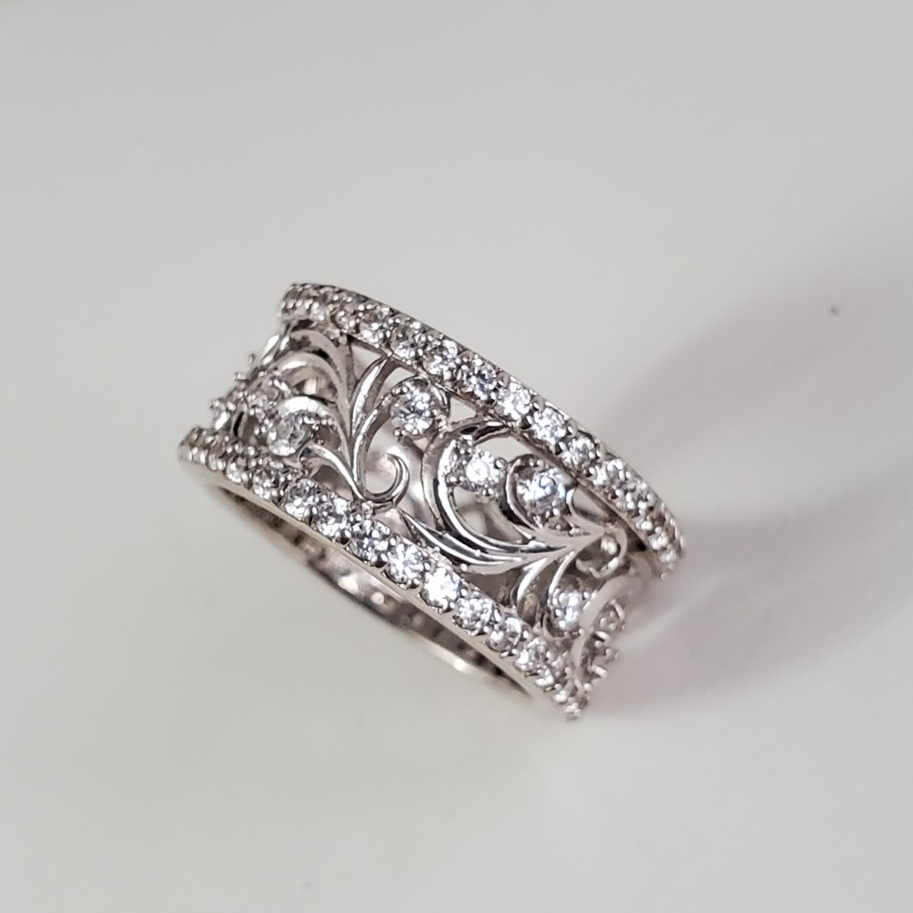 Sterling Silver 925 Filigree Diamond Simulant Eternity Band